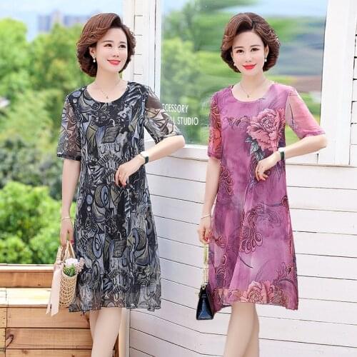 New 2020 Plus Size Summer Women Dresses Vintage Elegant Female Loose Dress Middle-aged Floral Print Short sleeve Dress Vestidos