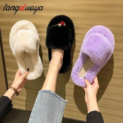 2021 New Women Fur Slippers Winter Slides Fluffy Furry Sandals Woman Flip Flops Home Slippers Hot Ladies Plush Shoes