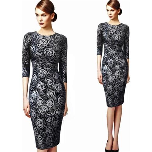 2017 spring new European American womens dress roses gold foil seven-point sleeve elastic round neck package hip dress fashion