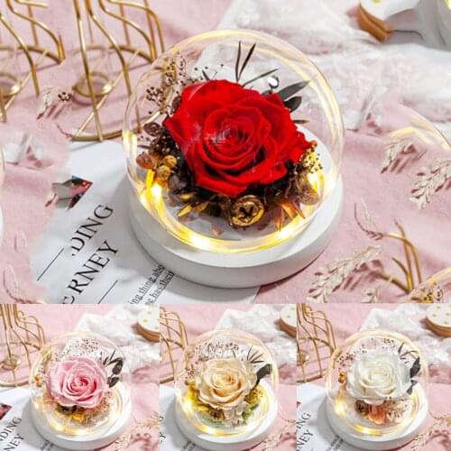 New Dried Real Flowers Beauty and the Beast Eternal Rose In Glass Cover Wedding Decor LED Ornaments Favor Valentines Day Gift