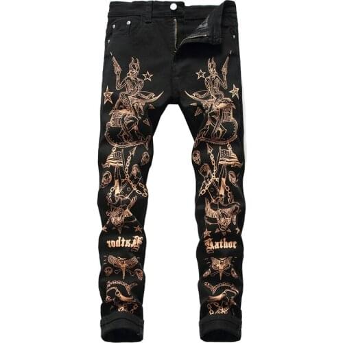 New Mens male slim 3D print jeans Fashion casual trousers sexy beauty flag skull painted black stretch denim pants