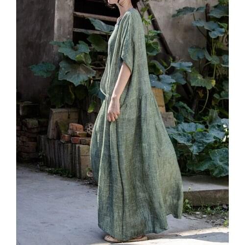 Women Loose Linen Deep V Neck Robe Dress Ladies Flax Retro Loose Dresses Female Vintage 2020 Summer Dress
