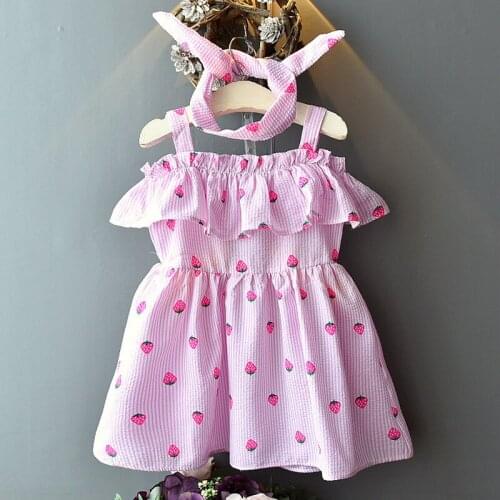 Girls Dresses 2020 Summer New Childrens Clothing Wear Girls Sweet Lovely Strawberry Strapless Ruffled Dress + Headband