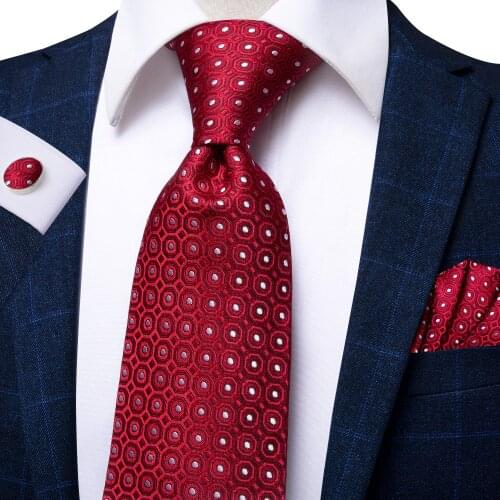 Hi-Tie Large Red Plaid Dot Mens Tie Set Luxury Silk Neckties For Men Fashion Design Hanky Cufflinks Set Wedding High Quality
