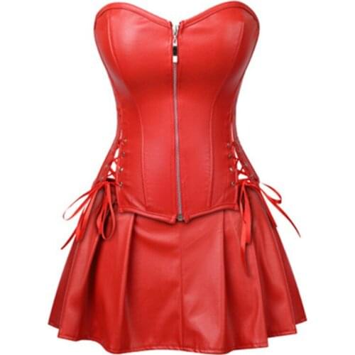 Sexy Leather Dresses Red Corsets Skirt Burlesque Front Zipper Gothic Punk Steampunk Bustier Corset Overbust Korsett Plus Size