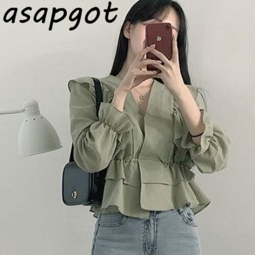 Chic Korean Slim Waist Temperament V Neck Flare Sleeve Chiffon Blouse Women Spring Long Sleeve Ruffles Shirts Clothing Tops