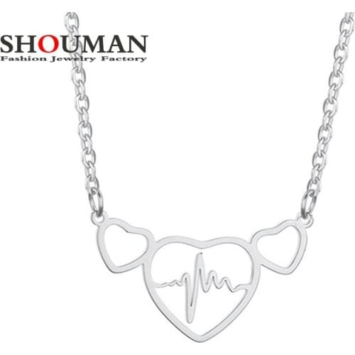 SHOUMAN Stainless Steel 3 Love Heart Heartbeat Pendant Necklace High Polished for Women Girls Jewelry Wedding Gift bijoux