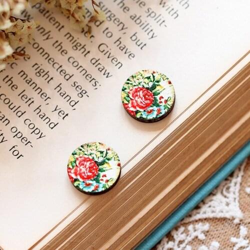 Unique 3D Flower Embossed 16mm Round Coloured Drawing pattern Laser Cut wood Cabochon DIY for Rings, Earring,Brooch,Necklace-330