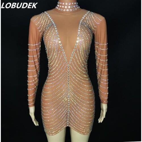 High Collar Shiny Rhinestones Long Sleeve Mini Dress Singer Host Nightclub Costume Birthday Mesh Transparent Crystals Outfit