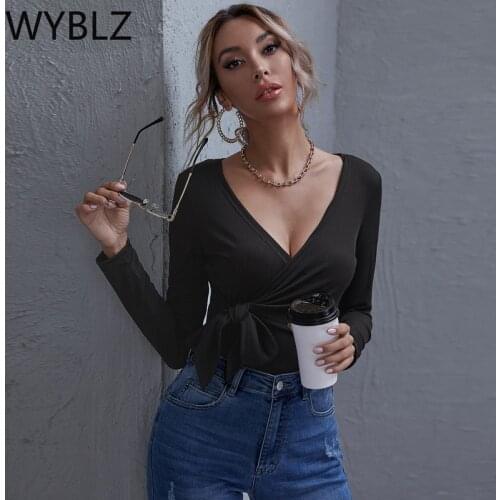 WYBLZ 2021 Spring Autumn New Fashion Sexy Deep V Neck Womens T Shirt Casual Tunic Solid Long Sleeve Bandage Lady T Shirt Tops