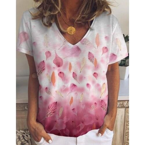 Smudge Printing Short Sleeve T-Shirt V-Neck Fashion Petal Top Large Size 3XL Women Casual T Shirt Oversized Flower Pullovers Tee