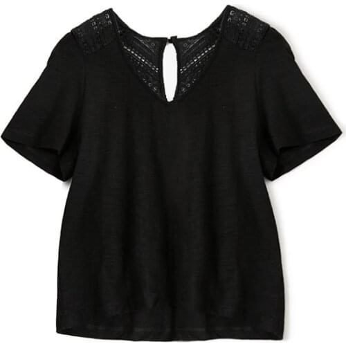 Ladies 2021 Spring & Summer V-neck Hollow Out Patchwork Short-sleeved T-shirt Top