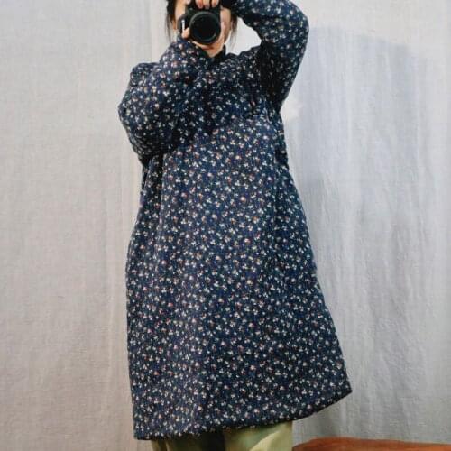 Johnature Women Linen Print Floral Dress Stand Long Sleeve Chinese Style Robes 2021 Autumn New Thick Warm A-Line Female Dresses