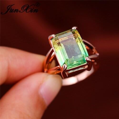 Female Gradient Rainbow Fire Crystal Rectangle Ring Rose Gold Green Blue Red Zircon Vintage Wedding Rings For Women Jewelry Gift