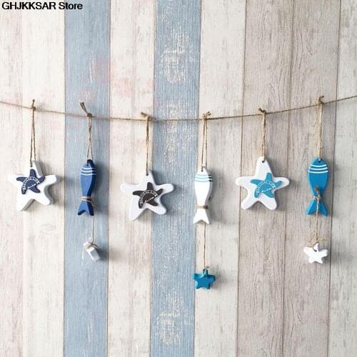 1 PC Mini Adorn Crafts Nautical Wood Fish Decorated Marine Pendant For Kid Room Mediterranean Starfish Hung Fish Decor hang