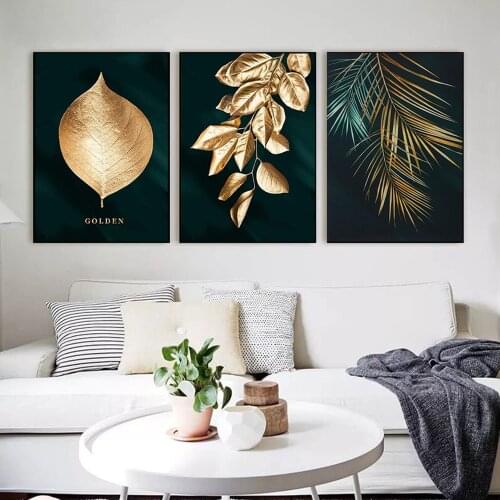 Abstract Golden Plant Leaves Wall Poster Print Modern Style Canvas Painting Art for Living Room Bedroom Home Decoration Unframed