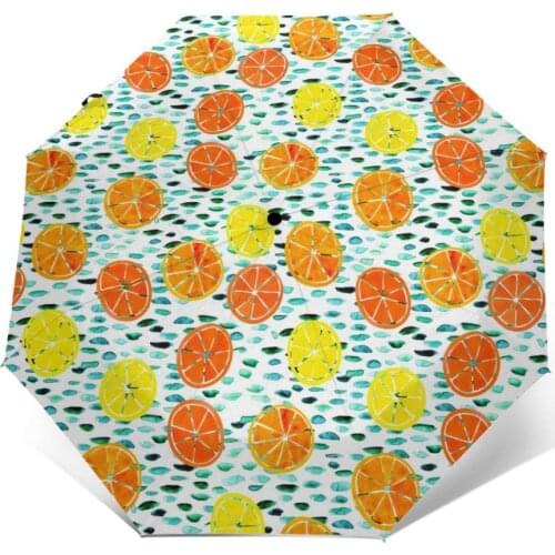 Automatic Umbrella Rain Women Three-folding Umbrella Lemon Watercolor Windproof Umbrella Female Waterproof parasol