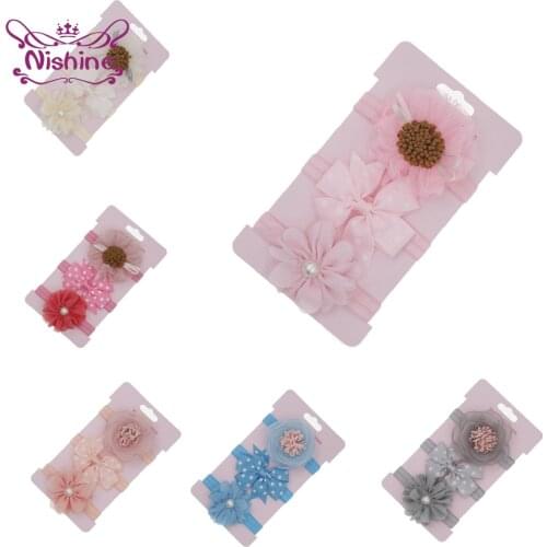 Nishine 3pcs/lot Children Bowknot Flower Hairband Elastic Baby Girls Pearl Headband Photography Props Hair Accessories Set