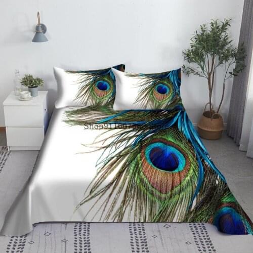 Peacock Feathers Bed Sheet Set 3D Printed Polyester Bed Flat Sheet With Pillowcase Luxury Bed Linen For Children Adult