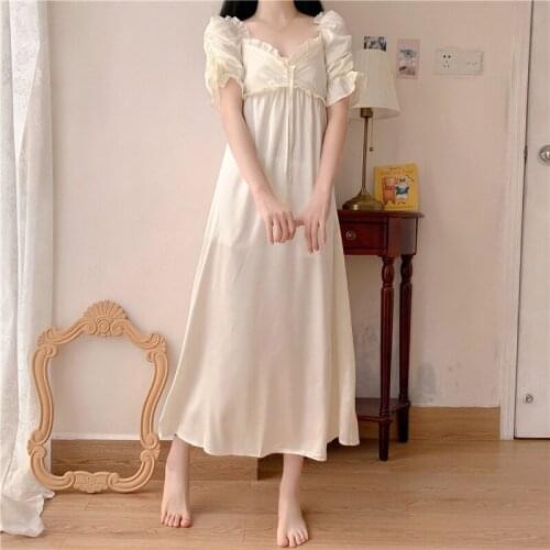 Lace Sexy Women Nightgowns Long Sleepwear Vintage Homewear Suit Lolita Nighty Patchwork Elegant Ladies Ruffles Lingerie Beige