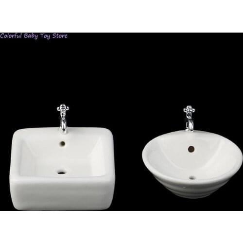 Square Dollhouse Bathroom Sink 1:12 Miniature Ceramic Wash Basin Bathroom Sink Model Simulation Accessory for Dollhouse White