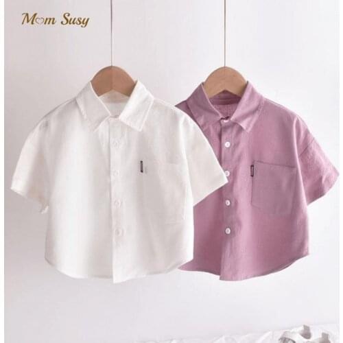 Baby Boy Linen Shirt Solid Color White Pink Infant Toddler Child Shirt Short Sleeve Kid Outfit Baby Clothes 1-10Y