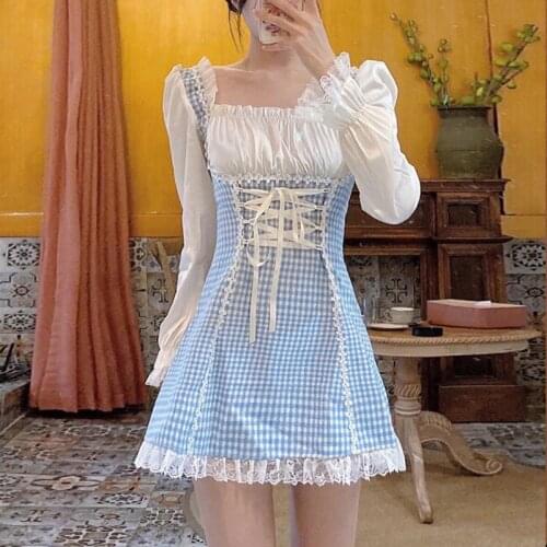 Sweet Lolita Mini Dress Women Japanese Style Square Collar Bandage Blue Plaid Gothic Dress Kawaii Lace Ruffles Dress Soft Girl
