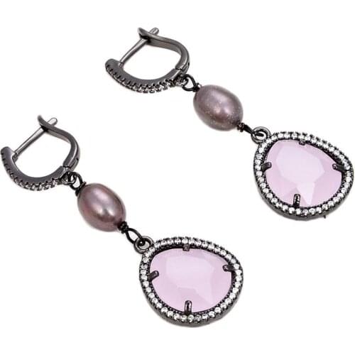 JK Natural Black Rice Pearl Pink Crystal Earrings