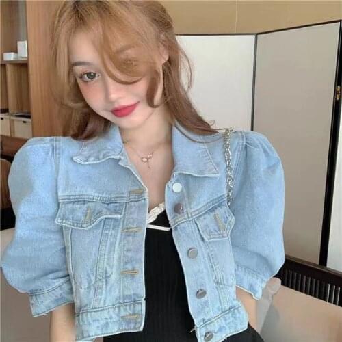 2020 New Arrivals Autumn Chic Fashion Streetwear Puff-sleeves Denim Single Breasted Solid Simple All-match Casual Basic Jackets