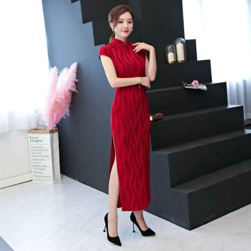 2020 sexy Chinese Women Cheongsam Dresses long Style Elegant Velvet Satin Forking Qipao Traditional China Tang Suit Party dress