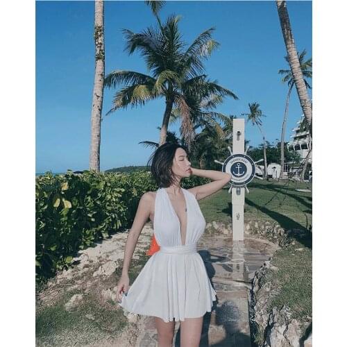 Echoine Solid Sexy Wrap V-neck Mini Dress Backless Lace Up Bandage Dresses Beach Holidays White Dress for Women Elegant Robe