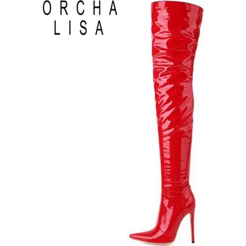 ORCHALISA Sexy Luxury Party Over Knee High Boots Patent Leather Zipper Pointed Toe 12cm Stileeto Heel Ladies Plus Size 49 S2463