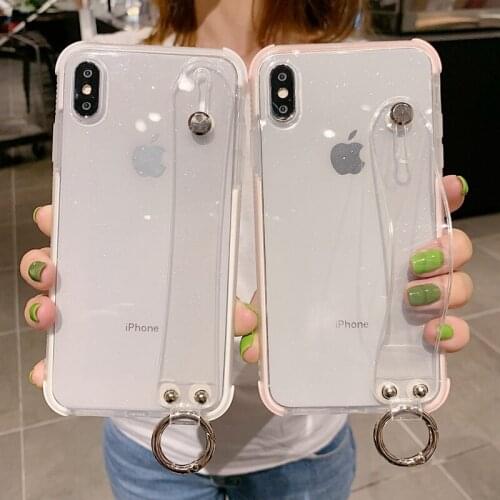 Shockproof Glitter Powder Holder Phone Case For iPhone 11 X XR XS Max 6 6S 7 8 Plus Transparent Soft TPU Wrist Strap Back Cover