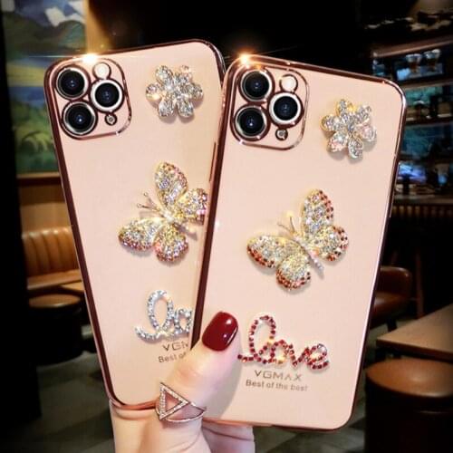 Luxury Crystal Rhinestone Love Butterfly Plated Silicone iPhone11 Cases for Women 12 Pro Max Case Xsmax Mobile Phone Accessories
