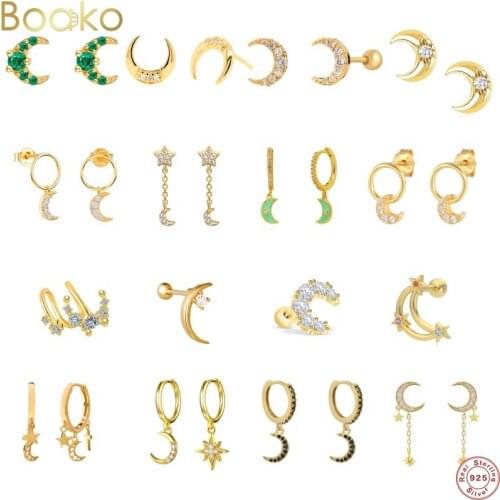 100% Real 925 Sterling Silver Crystals Moon Stud Earrings For Women Pendientes Cartilage Earrings Party Fine Jewelry Accessories