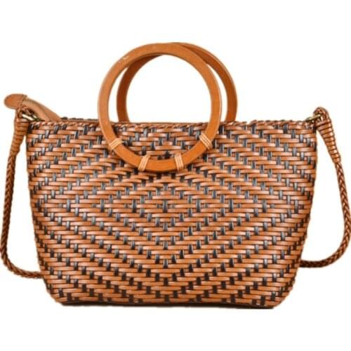 Hand-woven 100% Genuine Leather Woven Shoulder Bag Vintage Shopping Bag Crossed Tote Bags large capacity bucket bag2021 new