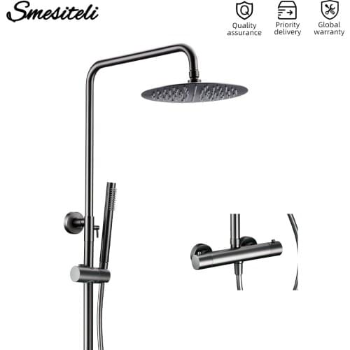 Smesiteli Brass Gunmetal Thermostat Mixer Diverter Wall Mounted With Rain Head Handshower Thermostatic Shower Bathroom Faucet