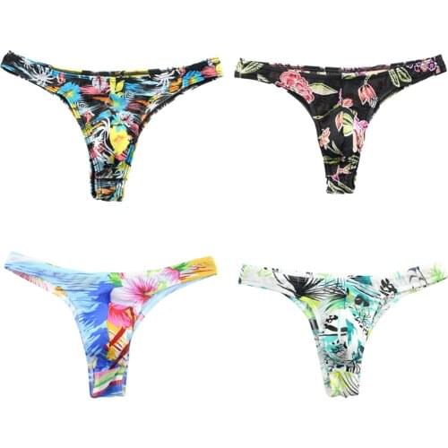 Men Low Rise Floral Printed Briefs Soft Comfy G-string Jockstrap Thongs Underwear