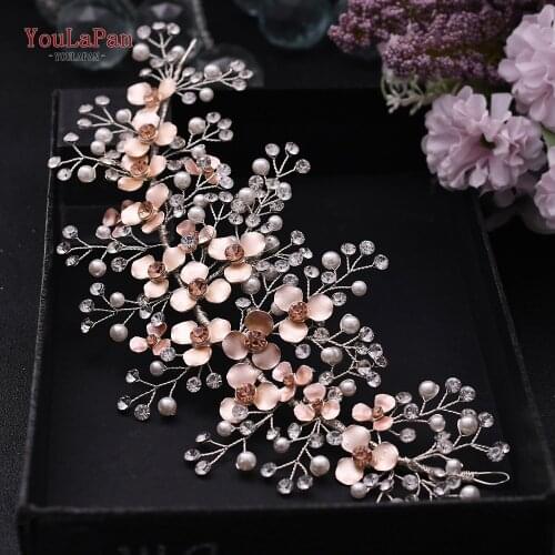 YouLaPan HP306 Elegant Bridal Hair Tiara with Rose Gold Flower Pearls Headwear Bride Rhinestones Headdress Wedding Accessories