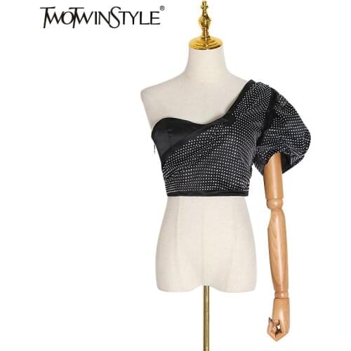 TWOTWINSTYLE Asymmetrical Off Shoulder T Shirts Skew Collar Puff Sleeve Patchwork Diamonds Sexy Party Shirt Female 2020 New