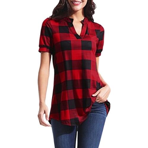 Plaid Shirts Women Casual Plaid Printed Short Sleeve V-neck Tunic Tops Irregular Hem Blouse Cotton Blend Tops Туника Женская