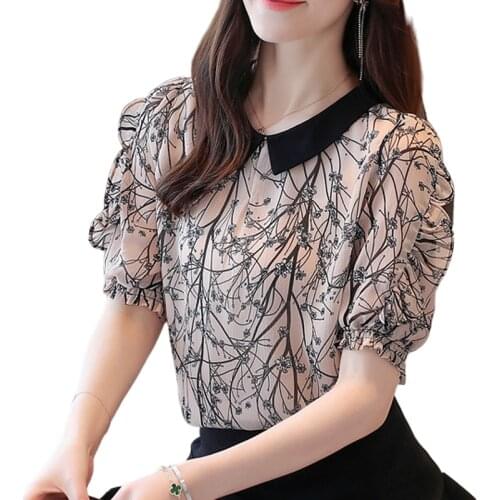 2021 Summer Chiffon Shirt Women Short-Sleeve New Sweet Office Lady Pullover Fashion Tops Clothes Blouse Women Print Floral 9613