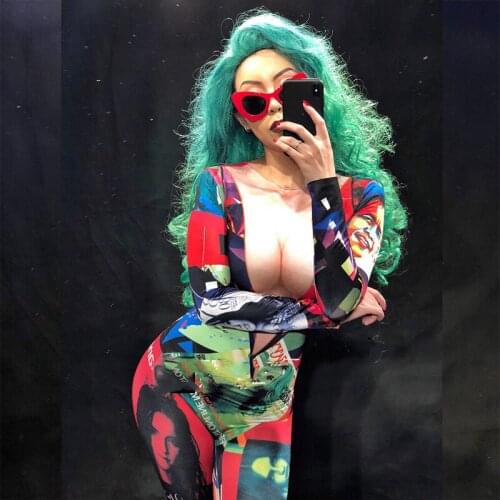 New Fashion Colorful Printed Spandex Jumpsuit Singer Stretch Bodysuit Nightclub Womens Birthday Party Stage Show Outfit