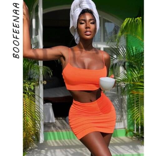 BOOFEENAA Sexy Two Piece Skirt Set Matching Sets Neon Pink Green Orange Summer 2piece Set Women Bodycon Club Outfits C70-BC16
