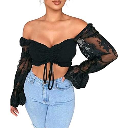 Women Sexy Floral Embroidered Crop Top See Through Long Sleeve V Neck Drawstring Lace T-Shirt Ladies Off Shoulder Short Tops
