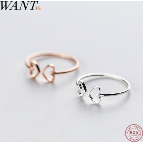 WANTME Genuine 925 Sterling Silver Opening Adjustable Hollow Love Heart Minimalist Fashion Rings for Women Party Office Jewelry