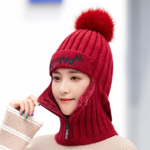 Winter Knitted Zip Hooded Scarf Women Plush Warm Protection Ear Pom Pom Cap Scarves Girls 2019 New Parent-child Hat And Scarf