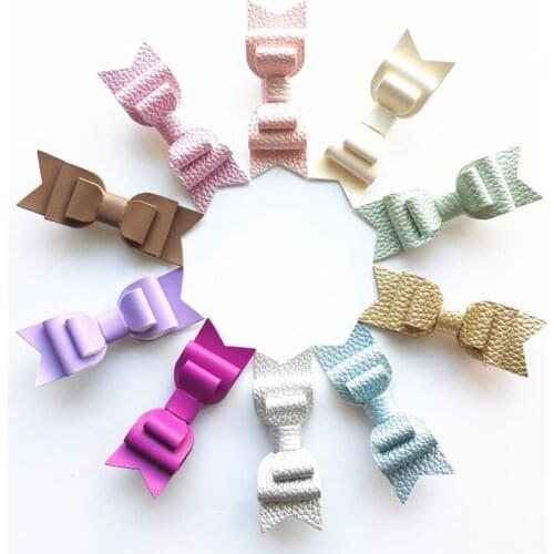 10pcs/lot 9cm Fluorescent Peach Kid Hair Bow Barrette Three Layers Artificial Leather Bow Hairpin for Teens Purple Classic Clips