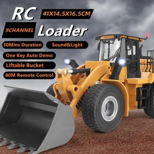 9-CH Remote Control Loader Truck One Key Automatic Demo Lifting Bucket 80M 30Mins Flight Time Simulation Light Childrens RC Toy