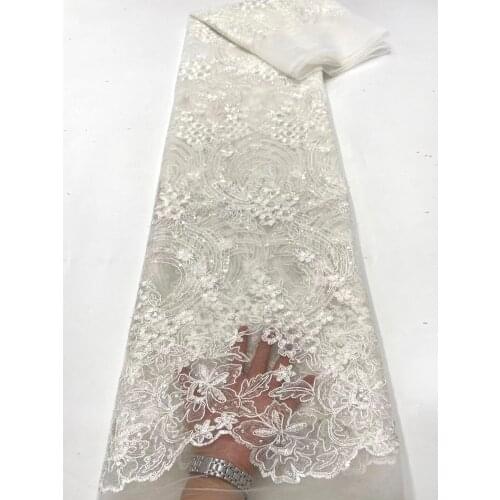 Off White African Lace Fabric 2021 French Tulle Lace Fabric Embroidery Nigeria Sequin Lace Fabric For Wedding Dress VD5025